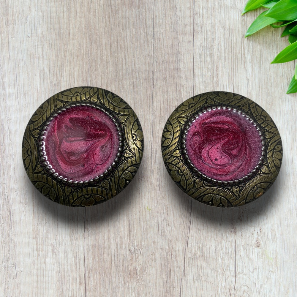 Vintage 80's Oversized Swirl Enamel Brass Button Earrings Clip On Runway Couture